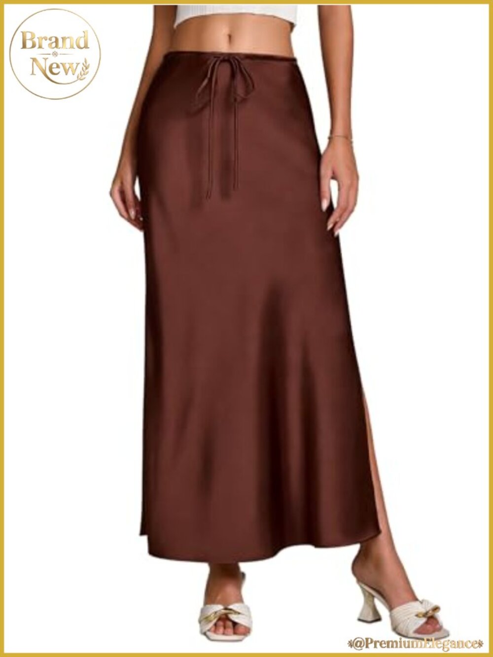 Satin Silk Maxi Skirt Slit Drawstring Flared A-Line Women Long Skirt